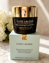 Estée Lauder Revitalizing Supreme+ Night Power Bounce Creme jar, 2.5 oz, in a luxurious beauty skincare container.