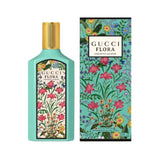 Gucci Ladies Flora Gorgeous Jasmine Eau de Parfum spray bottle with floral design, 1.7 oz, elegant perfume packaging