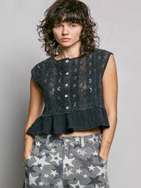 Trendsi POL round neck lace sleeveless top with double gauze ruffle, featuring delicate lace details and a stylish sleeveless design.