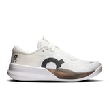 Women's On THE ROGER Pro 3 tennis shoes in white and pink, featuring breathable mesh uppers and cushioned soles.