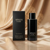 Giorgio Armani Code Eau de Parfum for Men in 125ml bottle, showcasing the sleek fragrance design and packaging.