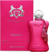 Parfums de Marly Oriana Eau de Parfum spray bottle, 2.5 oz, elegant fragrance bottle with floral design and gold accents.