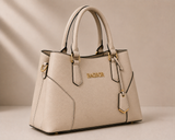 Cream structured handbag with double handles by Bagsor, featuring a sleek design and spacious interior.