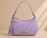 Lavender Bagsor curved shoulder bag with pleated detail, showcasing its elegant design and soft leather texture.