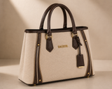 Cream and brown structured handbag with double handles by Bagsor, showcasing a sleek, elegant design and durable material.