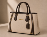Cream and brown structured handbag with double handles from Bagsor, featuring a sleek design and sturdy construction.