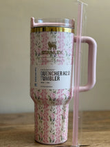 Stanley x LoveShackFancy 40 oz FlowState Tumbler in chic design, durable stainless steel, ideal for beverages on the go.