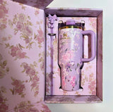 Stanley x LoveShackFancy 40 oz Quencher H2.0 FlowState Tumbler in floral design with lid, durable and stylish for drinks on the go.