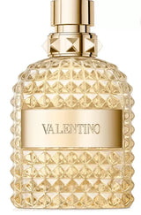 Valentino Uomo Born in Roma The Gold Eau de Toilette bottle, 3.4 oz, with elegant gold design and branding.