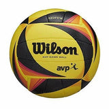 Wilson AVP official size beach volleyball in yellow and black, lightweight 9.88 oz, designed for outdoor beach volleyball games
