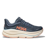 Womens Hoka Bondi 9 running shoes in faded navy and slate blue with B-width, featuring cushioned soles and supportive design.
