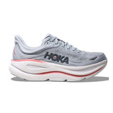 Women's Hoka Bondi 9 shoes in mineral blue with washed blue accents, showcasing the comfortable running shoe design.