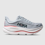 Women's Hoka Bondi 9 Wide running shoes in mineral blue with washed blue accents, featuring a supportive athletic design.