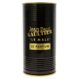 Jean Paul Gaultier Le Male perfume bottle with sleek black and gold design, featuring a masculine figure and detailed label.