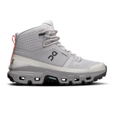 Women's On Cloudrock Mid Waterproof hiking boots showing durable gray and black design with waterproof material and ankle support