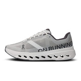 Men's On Cloudsurfer Next road running shoes in black and gray with cushioned soles and breathable mesh upper.