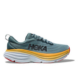 Men's Hoka Bondi 8 running shoes in D-width, featuring a grey and black design with cushioned soles for comfort.