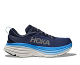 Men's Hoka Bondi 8 running shoes in D-width with cushioning, shown from the side in black with orange accents.