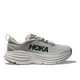 Men's Hoka Bondi 8 shoes in D-width, featuring a sleek design with supportive cushioning and a durable outsole, shown in black.
