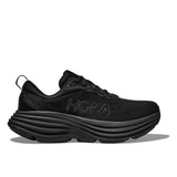 Men's Hoka Bondi 8 running shoes in D-width with a black and blue design, featuring breathable mesh uppers and cushioned soles.