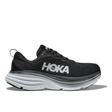 Men's Hoka Bondi 8 D-width running shoes in white with cushioned soles and supportive design for comfort and performance.