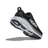 Men's Hoka Bondi 8 running shoes in D-width, white with black accents, featuring cushioned midsole and supportive outsole.