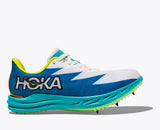 Hoka Crescendo MD shoes in dark blue and gray with breathable mesh upper and cushioned sole for athletic performance.