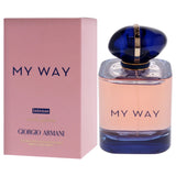 Giorgio Armani My Way Intense 3 oz refillable EDP spray bottle with elegant packaging and cap, showcasing the fragrance design.