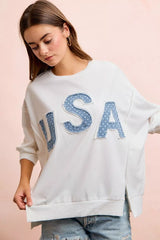 BiBi 4th of July USA letter patchwork French Terry top with patriotic design, casual style, and trendy patchwork details.