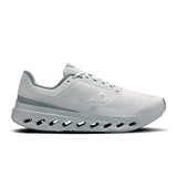Men's On Cloudsurfer Next road running shoes in gray and blue with cushioned soles and sleek design.