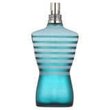 Jean Paul Gaultier Le Male men's cologne bottle with sleek black and white design, featuring the signature torso illustration.