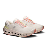 Women's On Cloudrunner 3 road running shoes in white and gray with cloud-inspired sole design.