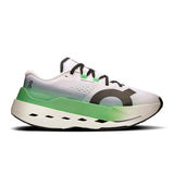 On Cloudboom Max women's road running shoes with cushioned white and black design, featuring sporty laces and lightweight construction.