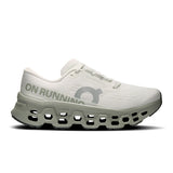 Women's On Cloudmonster 3 road running shoes in black and white with cushioned soles and breathable mesh upper.