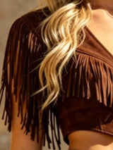 Trendsi fringed crop top and shorts set featuring a stylish, boho-inspired design with fringed details and lightweight fabric.