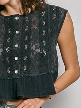 Polished Trendsi sleeveless lace top with round neckline and double gauze ruffle, perfect for a stylish, feminine look.