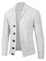 Plus size men's speckled cable knit shawl collar cardigan by Trendsi, showing the cozy, textured knit pattern and shawl collar design.