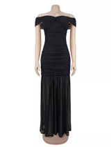 Off-shoulder ruched mermaid maxi dress from Trendsi featuring fitted bodice and flowing skirt, perfect for elegant occasions.