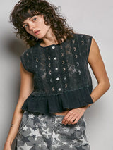 Polished Trendsi POL round neck lace sleeveless top with double gauze ruffle, shown in a stylish, close-up view.