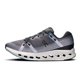Men's On Cloudsurfer 2 road running shoes in gray with blue accents, featuring breathable mesh and cushioned sole for comfort.