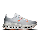 Men's On Cloudsurfer Max shoes in Glacier and Flame limited edition, featuring lightweight running shoe design and vibrant color accents.