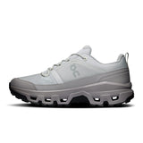 Women's On Cloudrock Low Waterproof hiking shoes with black and gray design, featuring durable outsole and waterproof upper.