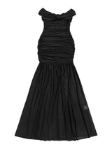 Off-shoulder ruched mermaid maxi dress from Trendsi featuring a fitted bodice, flowing skirt, and elegant design.