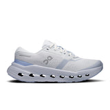 Women's On Cloudrunner 3 road running shoes in gray and pink with cushioned soles and supportive design.