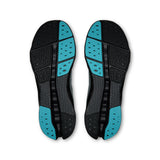 Men's On Cloudsurfer 2 road running shoes in black with white accents, featuring supportive cushioning and sleek design.
