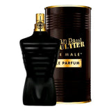 Jean Paul Gaultier Le Male Parfum bottle with sleek black design and silver accents, showcasing the iconic fragrance packaging.