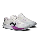 On THE ROGER Pro 3 women's tennis shoes in white with black accents, featuring a sleek, supportive design for on-court performance.
