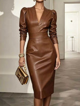 V-neck puff sleeve midi dress by Trendsi featuring a fitted bodice, flowing skirt, and stylish puff sleeves for a chic look.