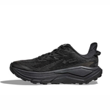 Black Hoka Challenger ATR 8 GTX women's running shoes with B-width, featuring a sleek black design and durable Gore-Tex waterproof material.