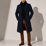 Men's wool blend overcoat by Zexov, classic long winter coat in dark gray with tailored fit and button closure.